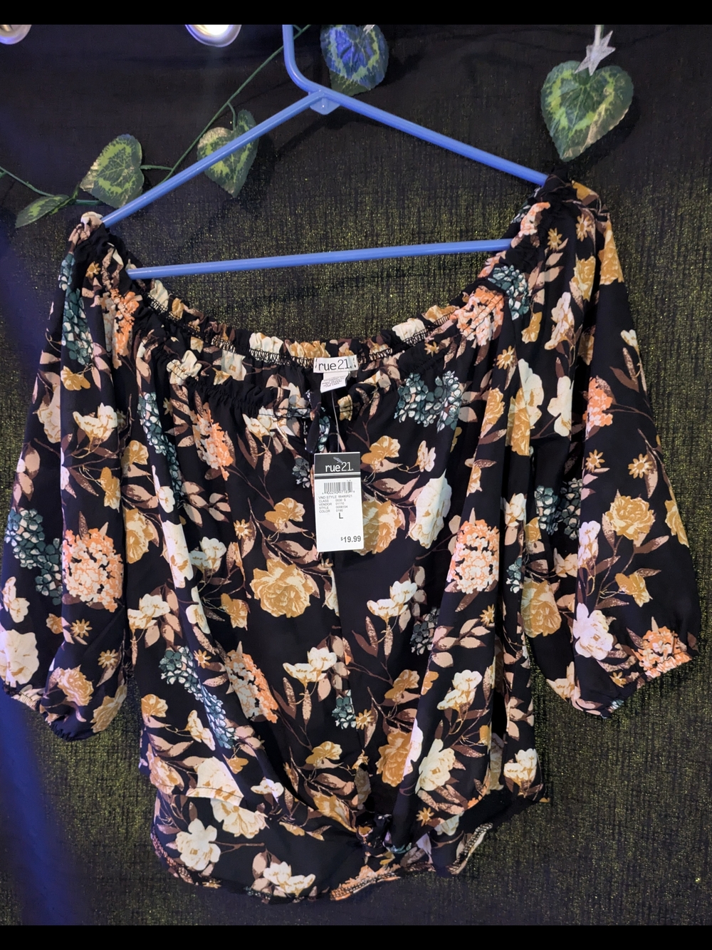 rue21 Black Floral Off-Shoulder Puff Sleeve Top
